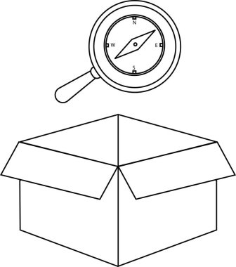 Bir pusula açık bir kutunun üzerinde basit bir çizgi çiziminde asılı durur..