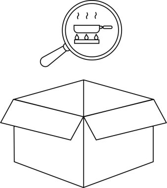 Açık bir kutunun üzerinde buharı olan bir tencere ikonu yemek teslimatı, mutfak gereçleri ambalajı ya da mutfak sürprizleriyle ilgili bir kavram öneriyor..