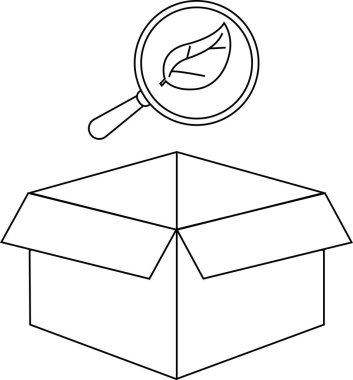 Açık bir karton kutu tasvir edilmiş bir çizgi çizgisi, bir yaprak gösteren, çevre dostu ambalaj ve sürdürülebilir uygulamaları sembolize eden bir büyüteç..