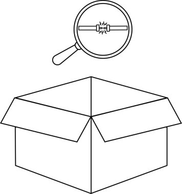 Açık bir kutunun üstündeki kırık bir kabloyu inceleyen bir büyütecin siyah beyaz çizimi, soruşturmayı ya da problem çözmeyi öneriyor..
