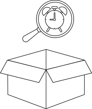 Açık bir kutunun üzerine yerleştirilmiş bir büyüteç içerideki çalar saati gösteriyor. Görüntü siyah beyaz..