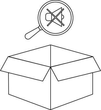 Açık bir karton kutunun üstündeki büyüteç altında sessiz simge, kutunun içinde sessizlik ya da sessizlik arayışı olduğunu gösterir..