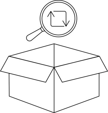 Üzerinde büyüteç olan açık bir kutunun basit bir çizgi çizimi, geri dönüş ya da takas sürecini gösteren oklar içeriyor..