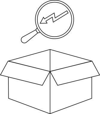 Aşağıya doğru eğimli bir ok gösteren, analizi sembolize eden veya azalan bir büyüteçle açık bir kutunun siyah beyaz çizimi.
