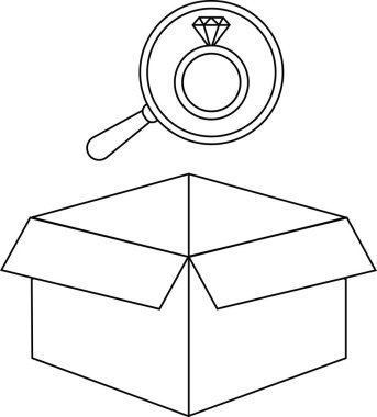Üzerinde büyüteç olan açık bir kutunun çizgili bir çizgisi. Elmas bir yüzüğe odaklanıyor. Arama ya da keşfi sembolize ediyor..