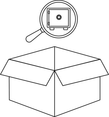 Bir kutunun içindeki kasanın çizgi çizimi, büyüteç altında görülüyor, güvenlik veya soruşturma öneriliyor..