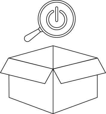 Açık bir kutunun üstündeki büyüteçteki bir güç düğmesinin tasviri, bir sistemin içinde teknolojik çözümler ya da güç arayışını sembolize ediyor..