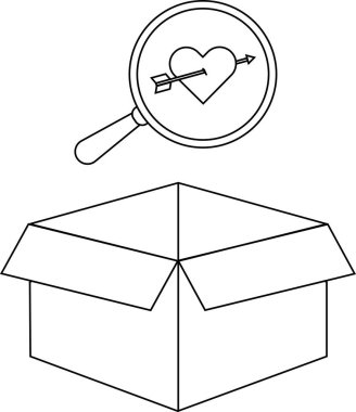 Ok ile delinen bir kalp, açık bir kutunun üzerine yerleştirilmiş bir büyüteç altındadır. Aşkın arayışını simgeler..