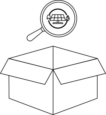 Bir büyüteç, açık bir kutunun üstündeki güneş paneline odaklanarak denetimi, teknolojiyi ve sürdürülebilirliği sembolize eder..