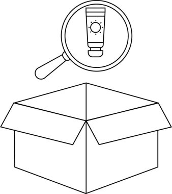 Bir çizgi, açık bir karton kutunun üzerine yerleştirilmiş güneş kremi tüpünün üzerinde bir büyüteç gösteriyor..