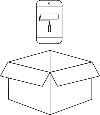 Üzerinde akıllı telefon olan açık bir kutunun basit bir çizgi çizimi, bir boya silindiri simgesini gösteren ekran, ev geliştirme veya yenileme önerisi.