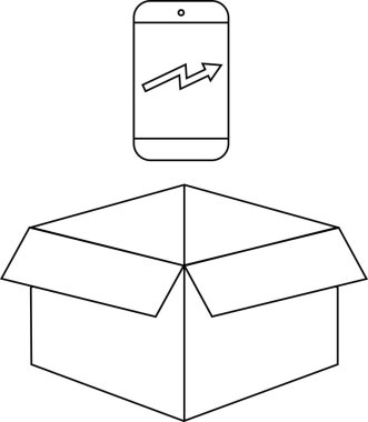 Açık bir karton kutunun üzerinde yukarı doğru eğilimli bir ok taşıyan akıllı telefonun basit bir çizgisi teslimatı, teknolojiyi ve iş büyümesini temsil ediyor..