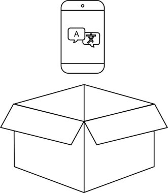 Çevirisi olan bir akıllı telefon açık bir karton kutunun üzerinde asılı durur, teknolojiyi, teslimatı ve küresel iletişimi sembolize eder.