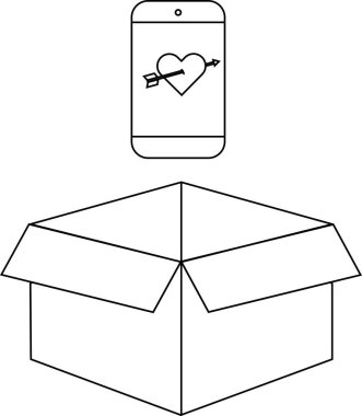 Kalbi okla delinmiş bir akıllı telefon açık bir karton kutunun üzerinde asılı durur. Aşkı, teknolojiyi ve hediyeleri simgeler..