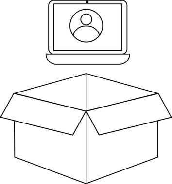 Açık bir kutunun üstündeki dizüstü bilgisayarın basit bir çizimi, çevrimiçi dağıtımı ve lojistik teknolojiyi sembolize ediyor..