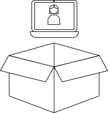 Bir dizüstü bilgisayar ekranında, açık bir karton kutunun üzerinde online alışveriş ve teslimat hizmetlerini sembolize eden bir kişi görülüyor..