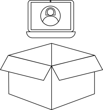 Açık bir kutunun üzerinde basit bir dizüstü bilgisayar çizimi, çevrimiçi boks deneyimleri ve dijital ürün kavramını temsil ediyor..