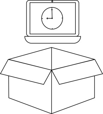 Açık bir karton kutunun üzerinde, teknoloji ve ambalaj temalarını taşıyan dizüstü bilgisayarlı minimalist siyah beyaz bir illüstrasyon.
