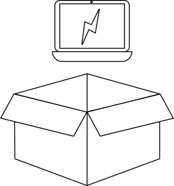 Açık bir karton kutunun üstündeki dizüstü bilgisayarın basit bir çizimi, teknoloji teslimatını ya da online alışverişi temsil ediyor..