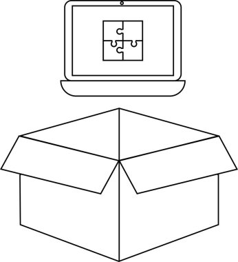 Yapboz simgesine sahip bir dizüstü bilgisayar açık bir kutunun üzerinde, teknolojiyi, problem çözmeyi ve ulaşılabilecek potansiyel çözümleri sembolize eder..
