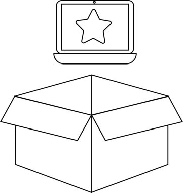 Açık bir kutunun üzerinde asılı duran bir dizüstü bilgisayarın basit bir siyah beyaz çizimi, boyama sayfaları veya eğitim materyalleri için mükemmel.