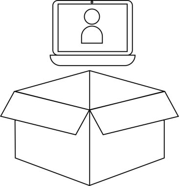 Bir dizüstü bilgisayar açık bir kutunun üzerinde duruyor, çevrimiçi dağıtım servisini, e-ticareti ve evde mal alımının kolaylığını simgeliyor..