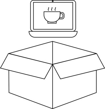 Açık bir kutunun üzerinde dizüstü bilgisayarı gösteren, teknolojiyi, teslimatı ve evden çalışma konseptini simgeleyen bir çizgi çizimi..