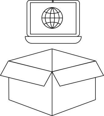 Açık bir kutunun üzerinde, teknolojiyi, dağıtım hizmetlerini ve küresel bağlantıyı sembolize eden bir dizüstü bilgisayarın yer aldığı siyah beyaz bir illüstrasyon..