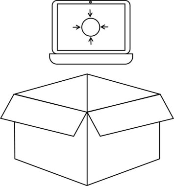 Açık bir kutunun üstündeki dizüstü bilgisayarın basit bir siyah beyaz çizimi, teknoloji, ambalaj, dağıtım ve çevrimiçi alışveriş kavramlarını temsil ediyor..