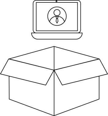 Dizüstü bilgisayarlı bir video çağrısı ve çeşitli tasarım amaçları için uygun bir açık kutu içeren basit bir çizgi çizimi.