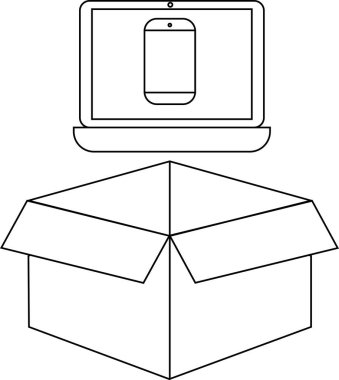 Açık bir karton kutunun üzerine yerleştirilmiş akıllı telefon ekranını gösteren bir dizüstü bilgisayarın basit bir çizgisi çizimi.