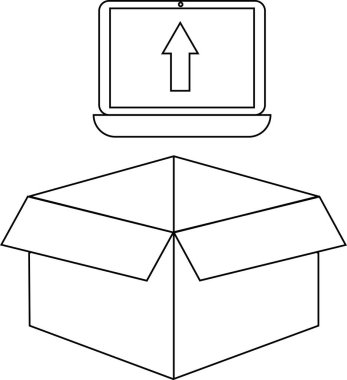 Ekranında yukarı doğru ok olan bir dizüstü bilgisayar, veri göndermeyi veya aktarmayı sembolize eden açık bir kutunun üzerine yerleştirilir. Görüntü basit, temiz bir çizgi çizimi..