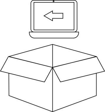 Açık bir kutunun üzerinde sol işaret eden bir ok olan dizüstü bilgisayar, basit bir siyah beyaz çizgi çizerek dönüşü, teslimatı ya da nakliyeyi sembolize eder..