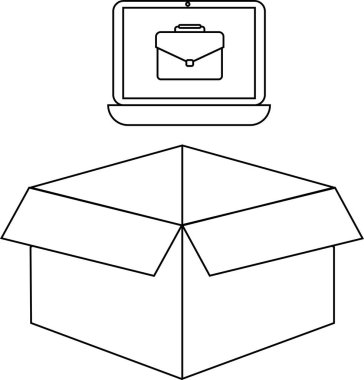 Evrak çantası simgesini gösteren bir dizüstü bilgisayar, açık bir karton kutunun üzerine yerleştirilmiş, bu da çevrimiçi iş olanakları veya kariyer olanakları sunuyor.