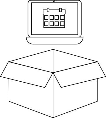 Açık bir karton kutunun üzerine yerleştirilmiş bir takvim simgesini gösteren bir dizüstü bilgisayarın basit bir siyah beyaz çizimi, programlama veya teslimat önerisi.