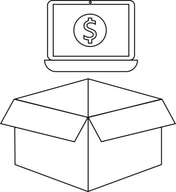 Açık bir karton kutunun üzerinde dolar işareti olan bir dizüstü bilgisayarın basit bir çizimi çevrimiçi ticareti veya teslimatı simgeliyor..