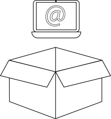 Açık bir kutunun üzerine yerleştirilmiş bir e-posta sembolünü gösteren bir dizüstü bilgisayarın basit siyah beyaz çizimi, dijital dağıtım veya çevrimiçi iletişimi öneriyor..