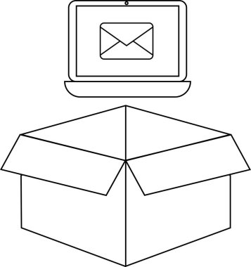 Açık bir karton kutunun üzerinde bir e- posta simgesini gösteren basit bir dizüstü bilgisayar çizimi.