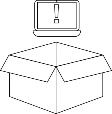 Açık bir karton kutunun üzerinde ünlem işareti olan bir dizüstü bilgisayarın basit bir siyah beyaz çizimi, sevkiyat veya teslimatla ilgili bir sorun veya hata olduğunu gösteriyor..