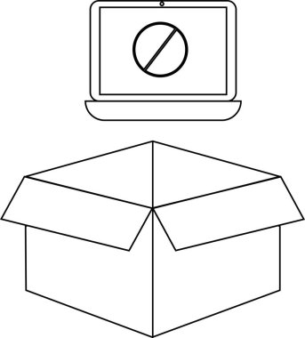 Yasak işareti olan bir dizüstü bilgisayar, açık bir karton kutunun üzerine yerleştirilir. Bu da bir kısıtlama ya da kaldırma kavramına işaret eder..