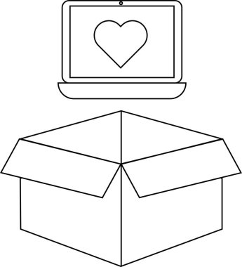 Açık bir karton kutunun üzerine yerleştirilmiş bir kalp sembolünü gösteren basit bir dizüstü bilgisayar çizimi.