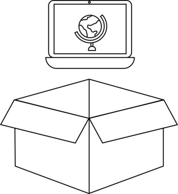 Bir dizüstü bilgisayarın, açık bir kutunun üzerine yerleştirilmiş, kavramsal bir resim oluşturduğu basit bir çizgi çizimi..
