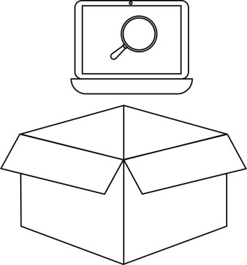 Siyah-beyaz bir illüstrasyon ekranda bir büyüteçle birlikte bir dizüstü bilgisayar gösteriyor, açık bir kutunun üzerinde, öğeleri veya bilgileri arama önerisi.