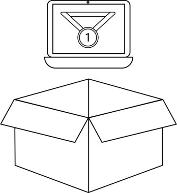 Açık bir kutunun üzerinde asılı duran bir dizüstü bilgisayar, başarı veya ödüllerin dağıtımını sembolize ediyor, muhtemelen çevrimiçi kurslar veya yarışmalarla ilgili..