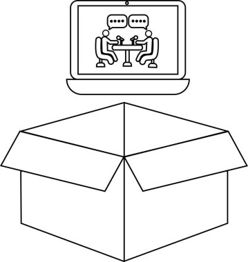 Çevrimiçi toplantı gösteren bir dizüstü bilgisayar açık bir karton kutunun üzerinde duruyor, bu da uzaktan işbirliği veya sanal dağıtım öneriyor.