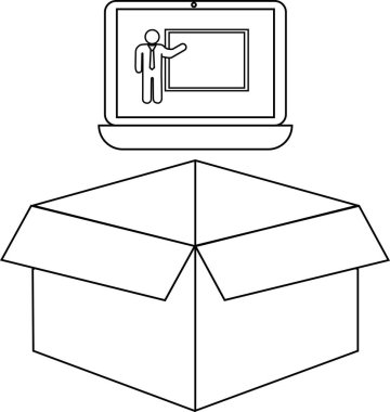 Çevrimiçi sunum gösteren bir dizüstü bilgisayar, e-öğrenmeyi veya dijital içerik dağıtımını sembolize eden açık bir karton kutunun üzerinde oturur.