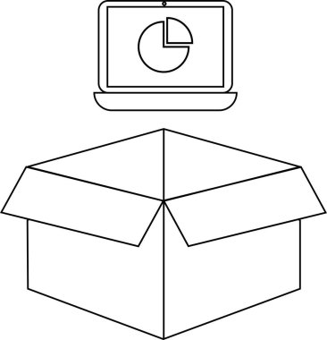 Açık bir karton kutunun üzerine yerleştirilmiş bir pasta grafiğini gösteren bir dizüstü bilgisayar çizimi veri analizi ve teslimatı öneriyor..
