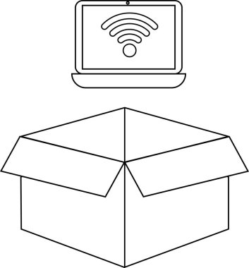 Açık bir karton kutunun üzerinde WiFi sembolü olan basit bir dizüstü bilgisayar çizimi, çeşitli tasarım amaçları için uygundur..