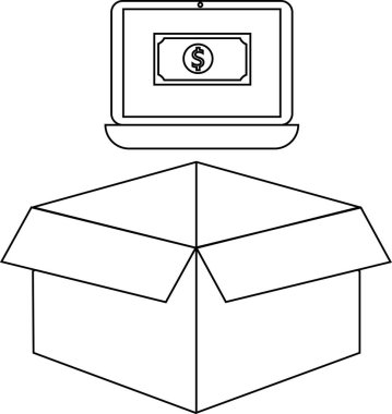 Bir dolar banknotunun açık bir karton kutunun üzerinde asılı durduğunu gösteren bir dizüstü bilgisayar, çevrimiçi iş, e-ticaret veya dijital işlemleri simgeliyor.