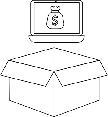 Para çantası simgesini gösteren bir dizüstü bilgisayar açık bir kutunun üzerinde asılı duruyor, çevrimiçi işi, e-ticareti ya da dijital zenginliği simgeliyor..
